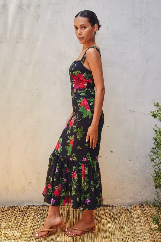 Armina Sleeveless Floral Print Mermaid Midi Dress Black