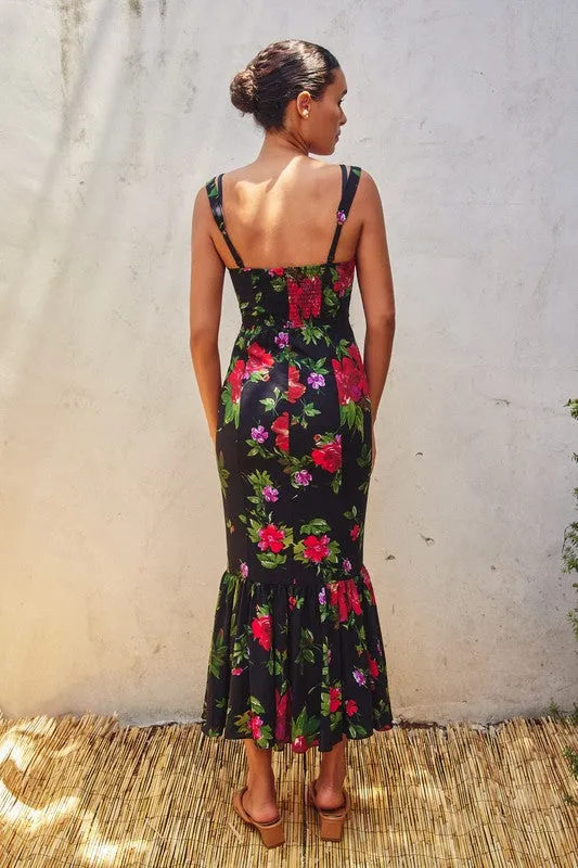 Armina Sleeveless Floral Print Mermaid Midi Dress Black