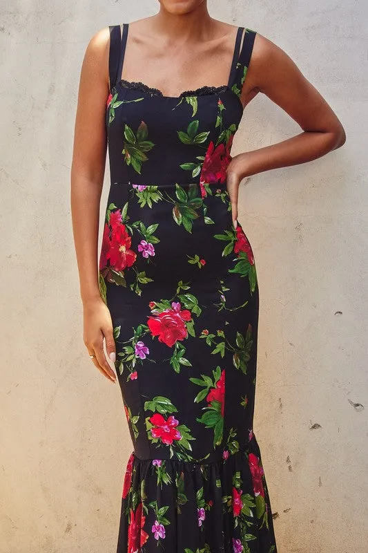 Armina Sleeveless Floral Print Mermaid Midi Dress Black