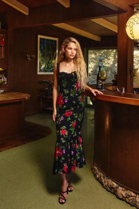 Armina Sleeveless Floral Print Mermaid Midi Dress Black