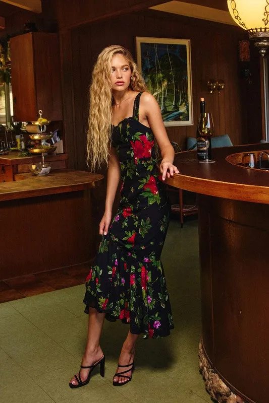Armina Sleeveless Floral Print Mermaid Midi Dress Black