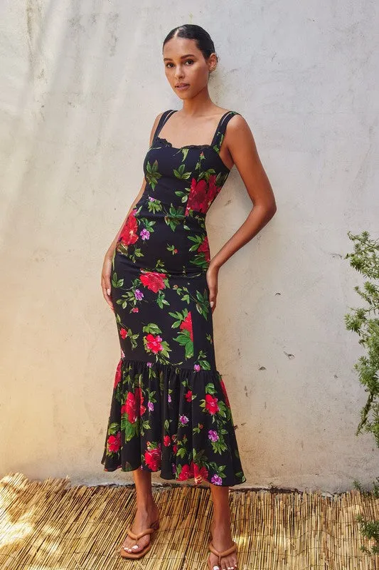 Armina Sleeveless Floral Print Mermaid Midi Dress Black