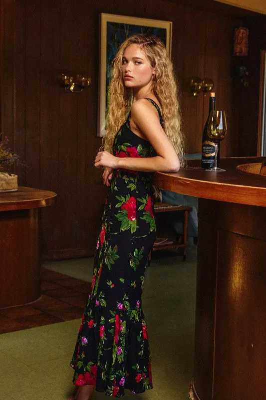 Armina Sleeveless Floral Print Mermaid Midi Dress Black