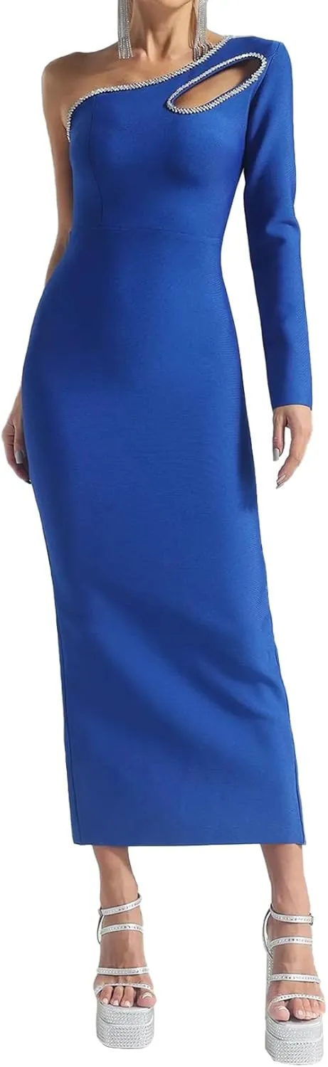 BELLA BARNETT Diamante Bandage Dress Cut Out Bodycon Dress Glitter Prom Dress One Shoulder Evening Dress