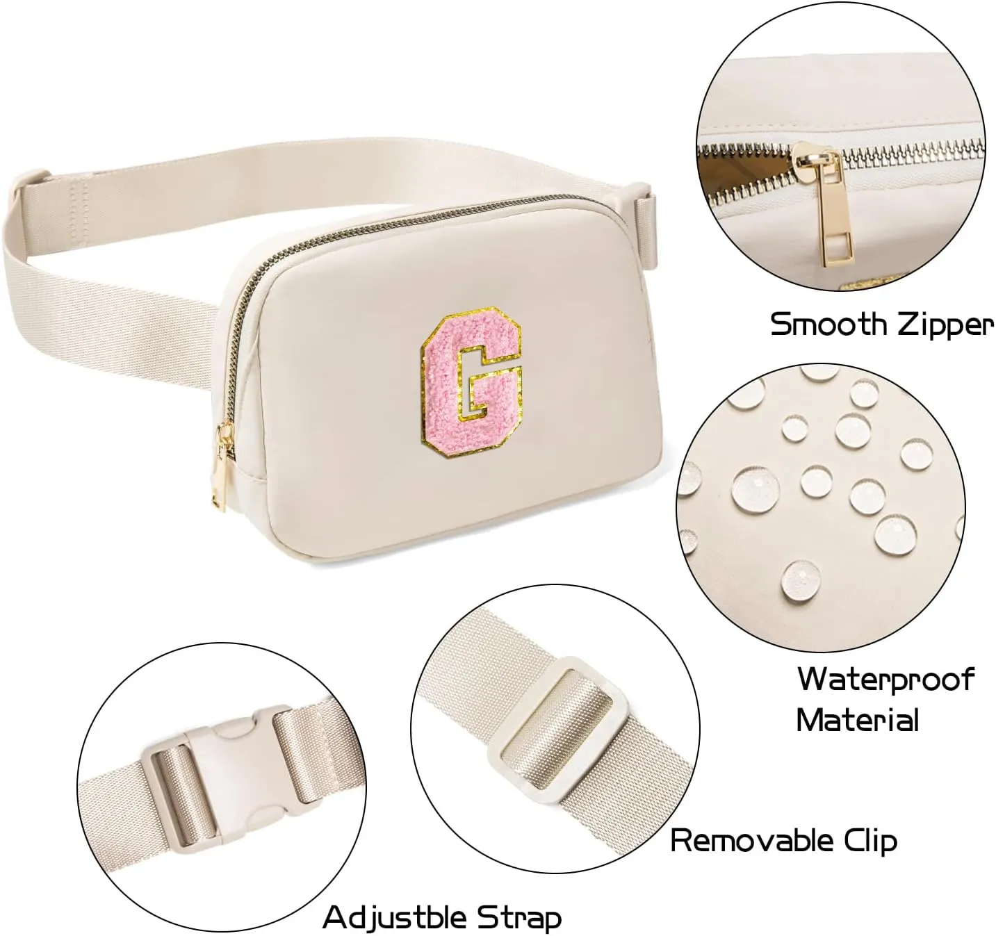 Belt Bag Fanny Pack Crossbody Bags with Initial Letter Patch Cute Stuff Birthday Gifts for Teenager Girls Cool Stuff for Teens Trendy Preppy Stuff for Teen Girls (Beige-G)