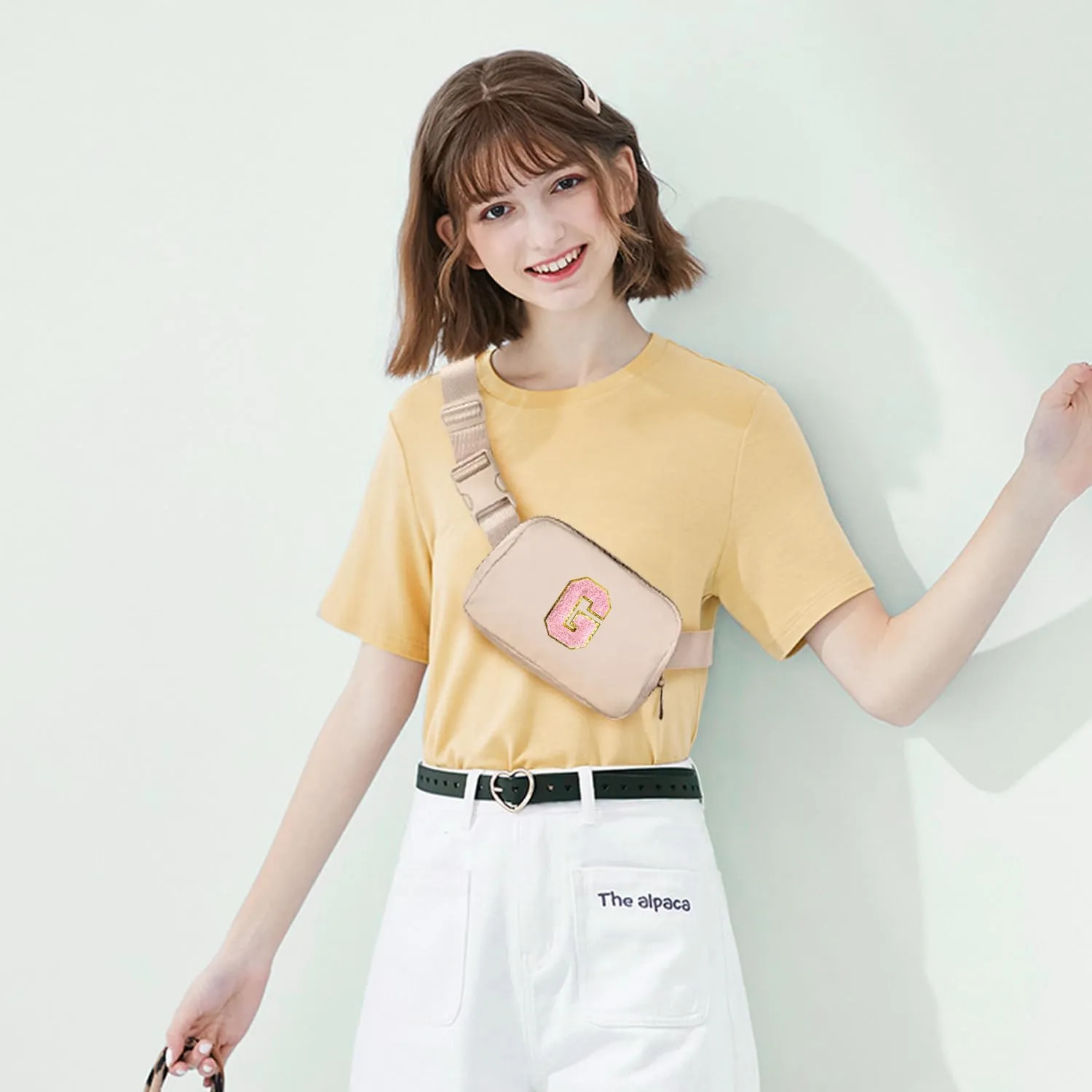 Belt Bag Fanny Pack Crossbody Bags with Initial Letter Patch Cute Stuff Birthday Gifts for Teenager Girls Cool Stuff for Teens Trendy Preppy Stuff for Teen Girls (Beige-G)