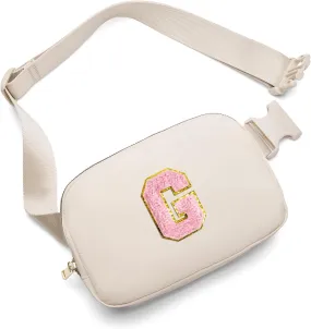 Belt Bag Fanny Pack Crossbody Bags with Initial Letter Patch Cute Stuff Birthday Gifts for Teenager Girls Cool Stuff for Teens Trendy Preppy Stuff for Teen Girls (Beige-G)