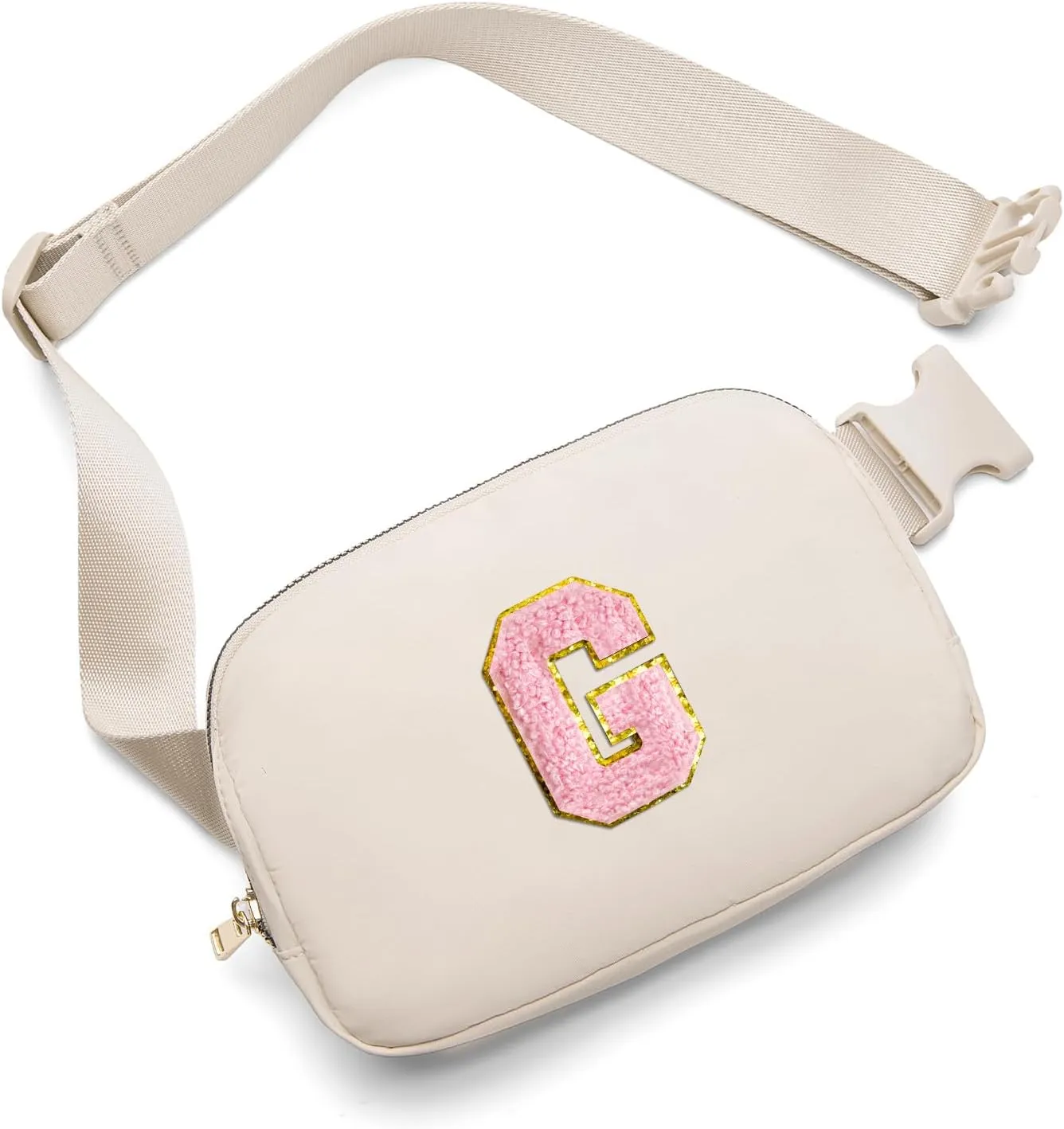 Belt Bag Fanny Pack Crossbody Bags with Initial Letter Patch Cute Stuff Birthday Gifts for Teenager Girls Cool Stuff for Teens Trendy Preppy Stuff for Teen Girls (Beige-G)