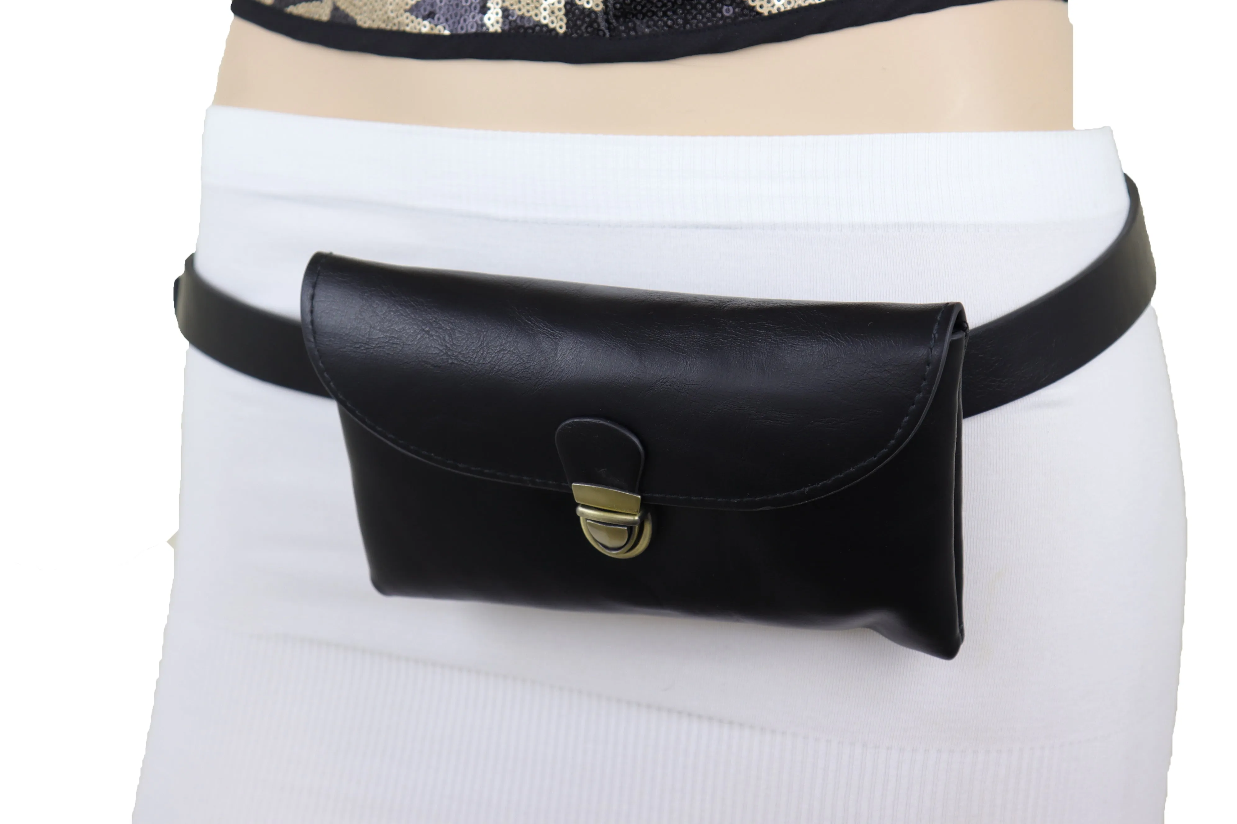 Black Faux Leather Skinny Waistband Hip Waist Belt   Wallet Bag Size S M