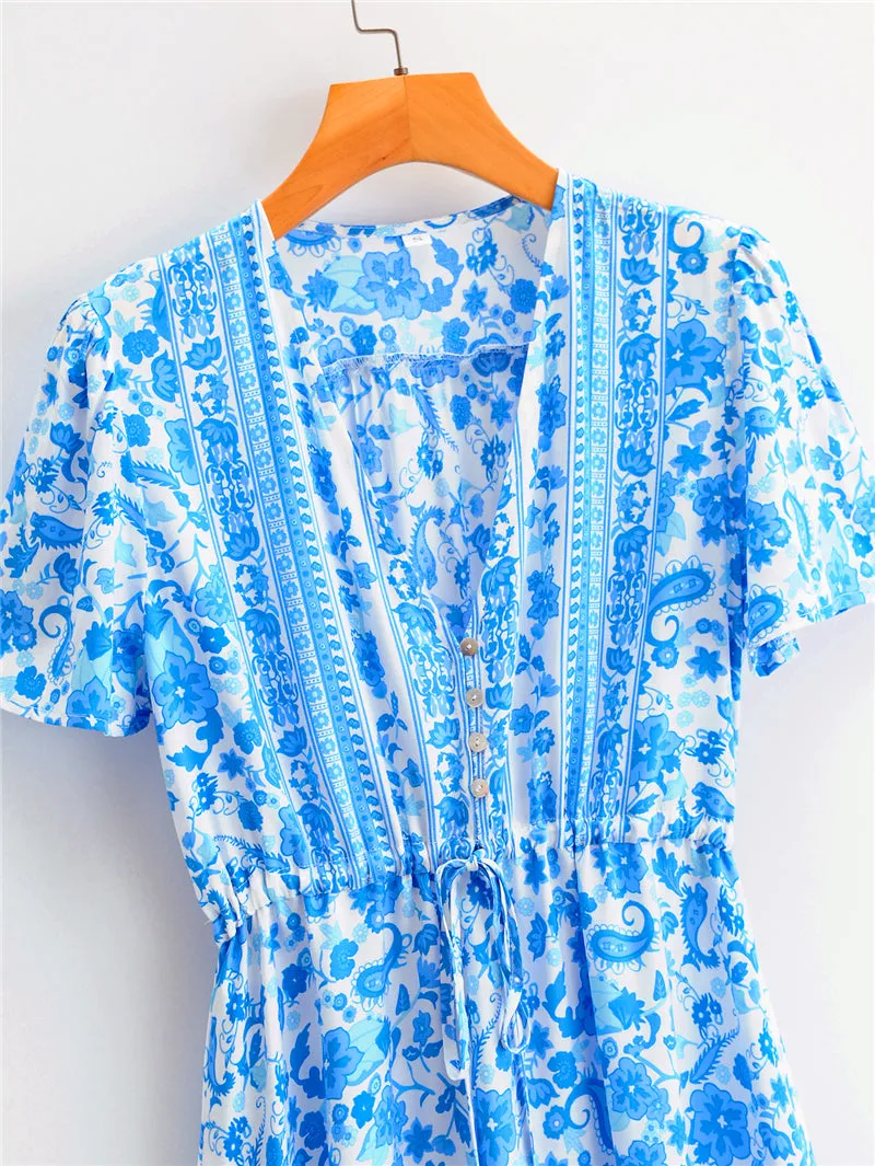 Boho Maxi Dress, Sundress, White Blue Celeste