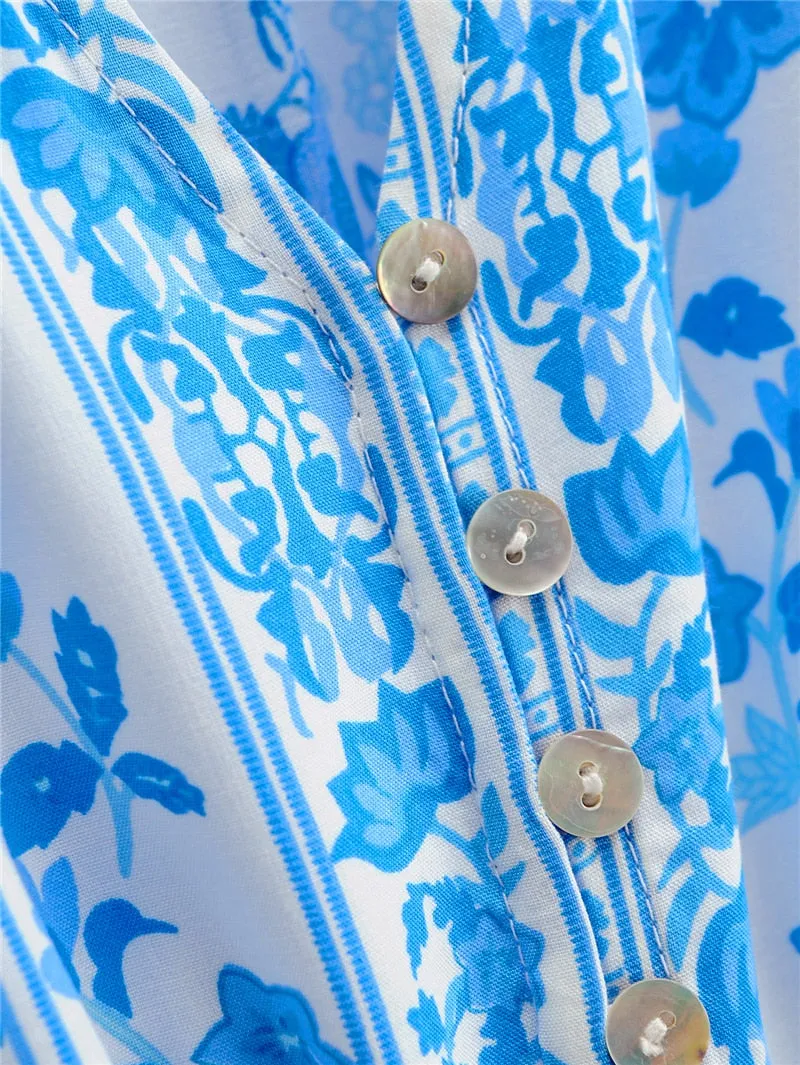 Boho Maxi Dress, Sundress, White Blue Celeste