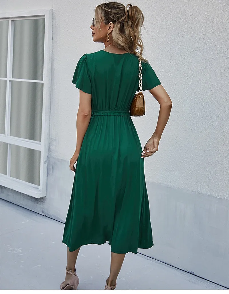 Boho Midi Dress, Ruffle Grace in Green