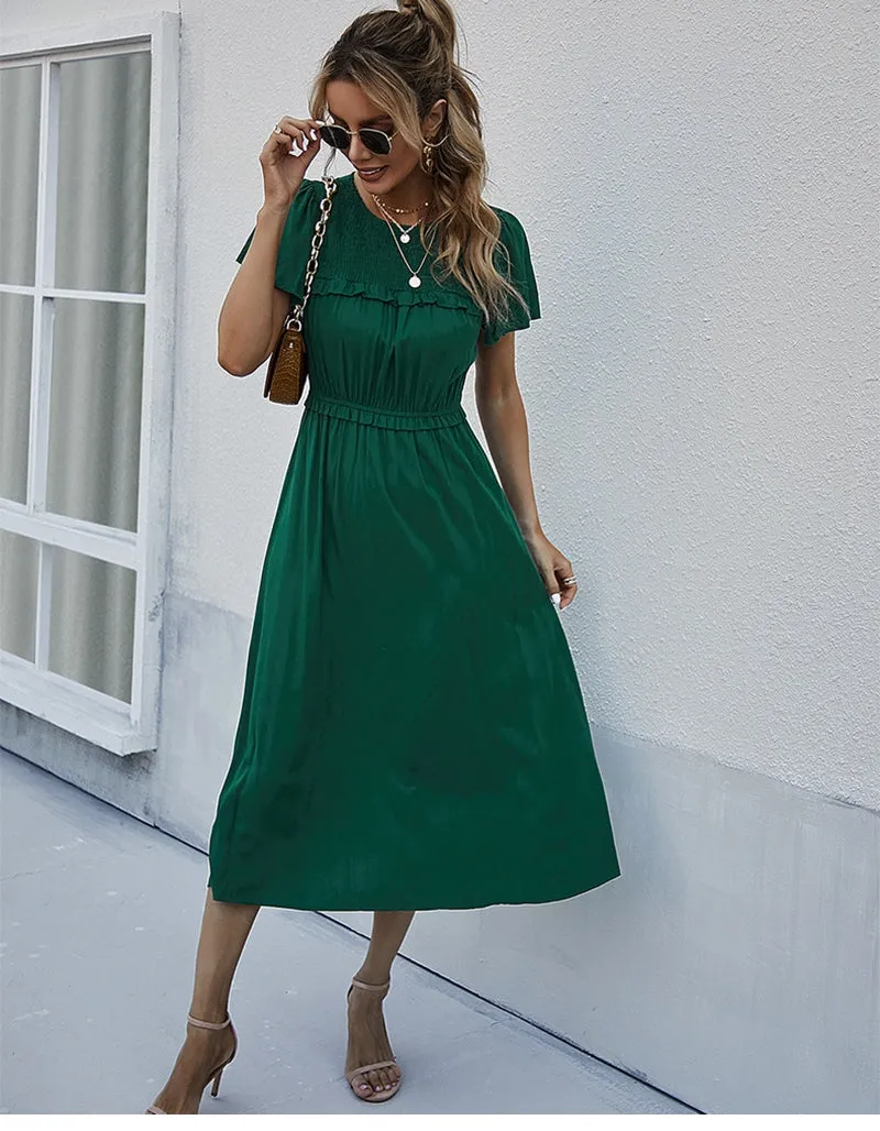 Boho Midi Dress, Ruffle Grace in Green