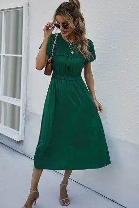 Boho Midi Dress, Ruffle Grace in Green