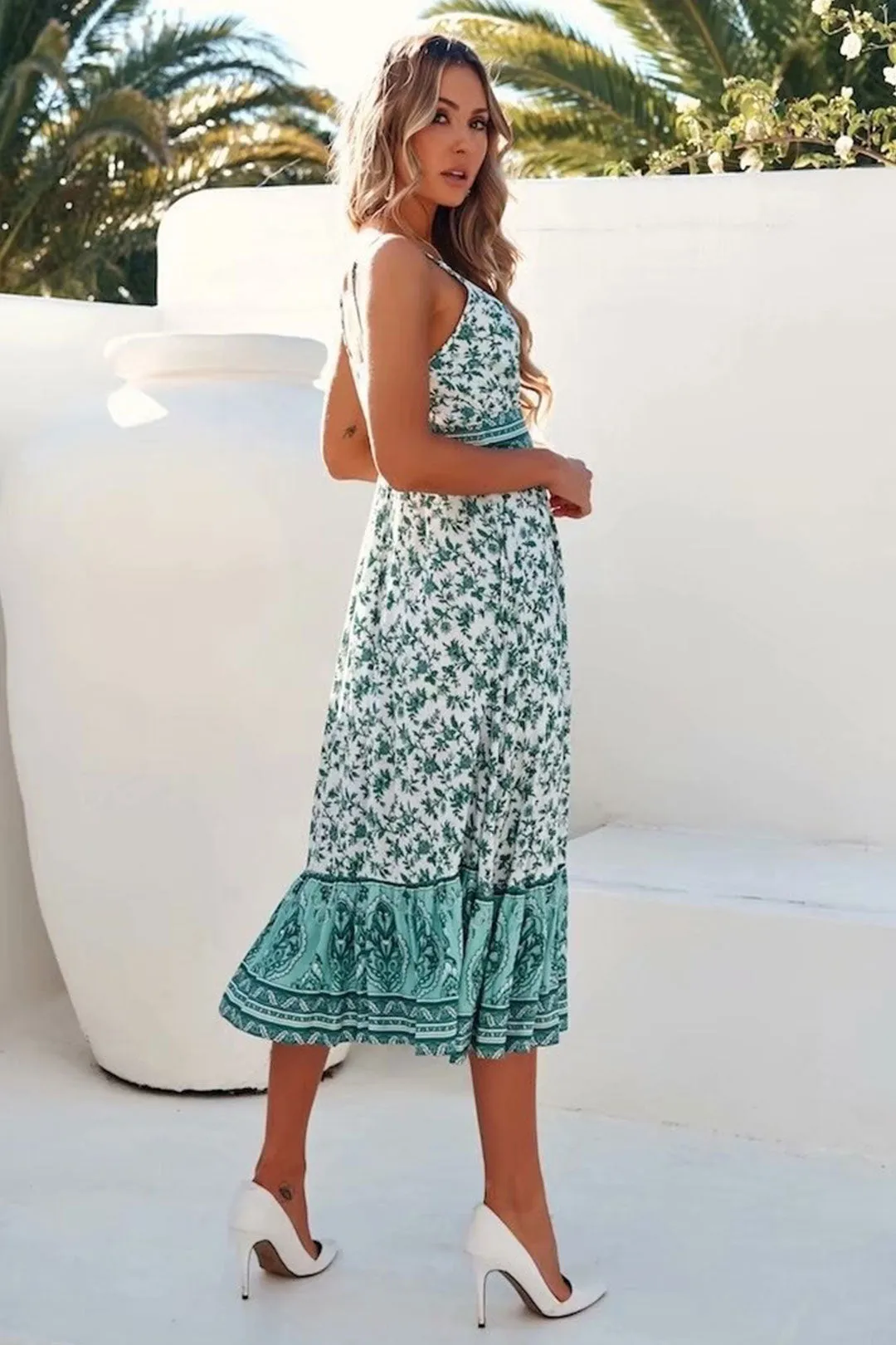 Boho Midi Dress, Strappy Fresh Mint Green