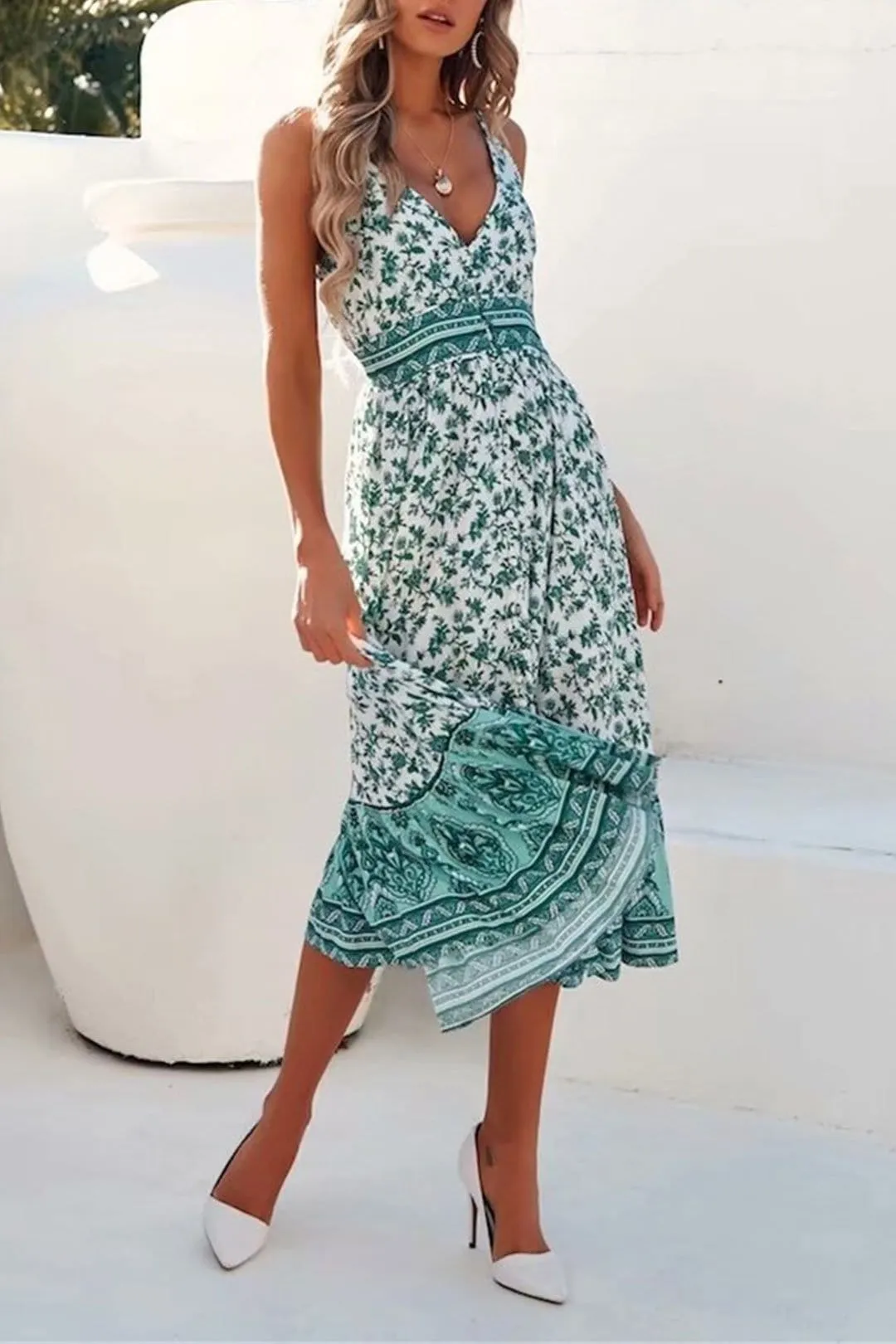 Boho Midi Dress, Strappy Fresh Mint Green