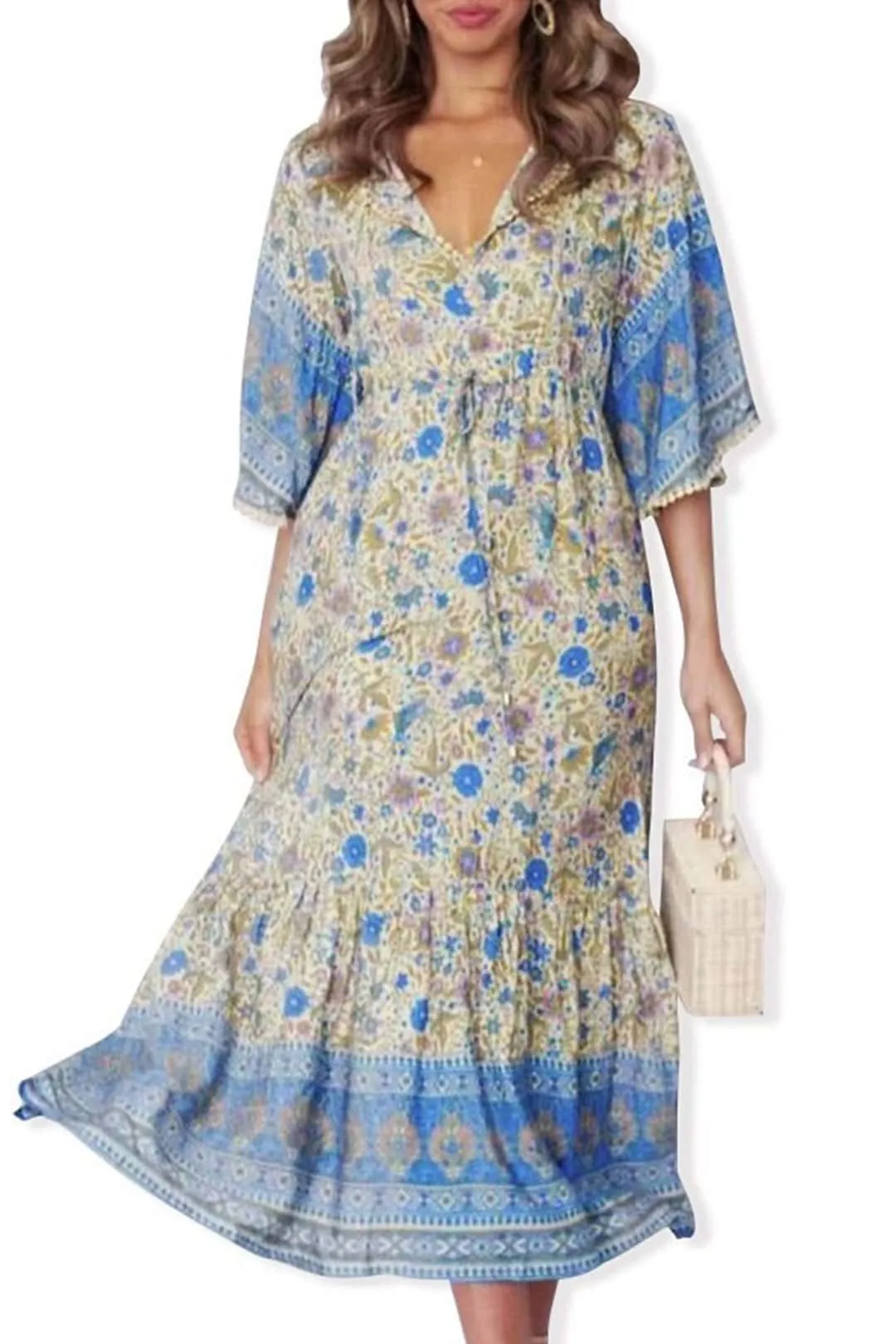 Boho Midi Dress, Sundress, Kaftan Dress, Indian Flower in Blue