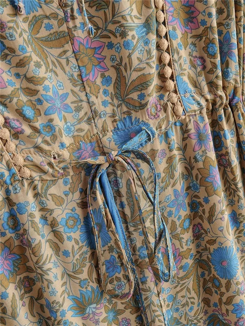 Boho Midi Dress, Sundress, Kaftan Dress, Indian Flower in Blue