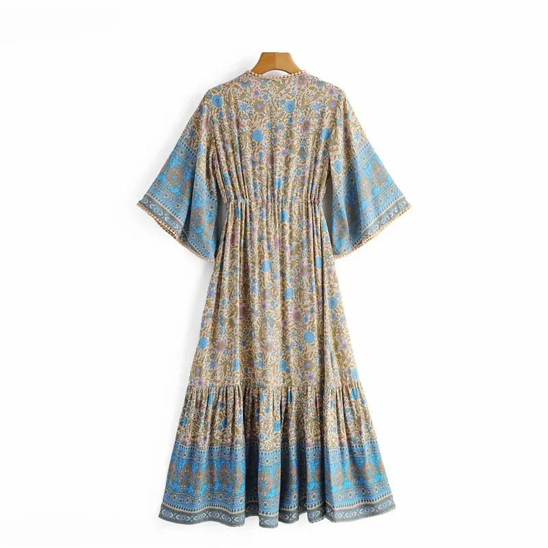 Boho Midi Dress, Sundress, Kaftan Dress, Indian Flower in Blue