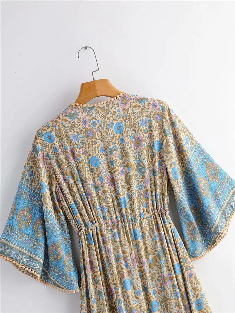 Boho Midi Dress, Sundress, Kaftan Dress, Indian Flower in Blue