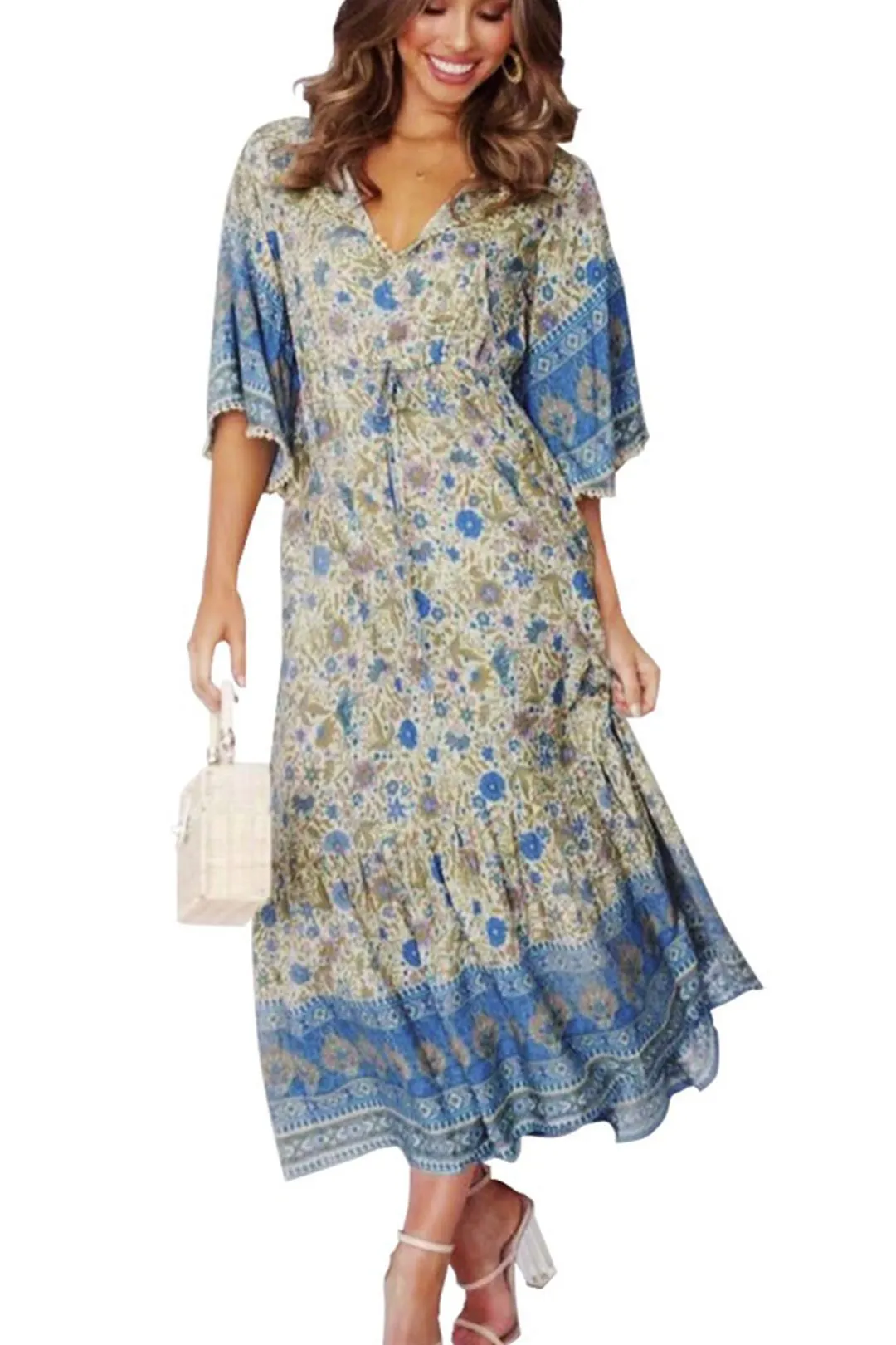 Boho Midi Dress, Sundress, Kaftan Dress, Indian Flower in Blue