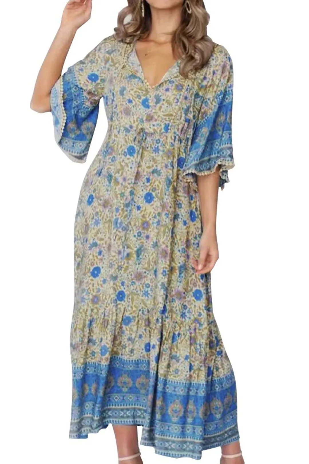 Boho Midi Dress, Sundress, Kaftan Dress, Indian Flower in Blue