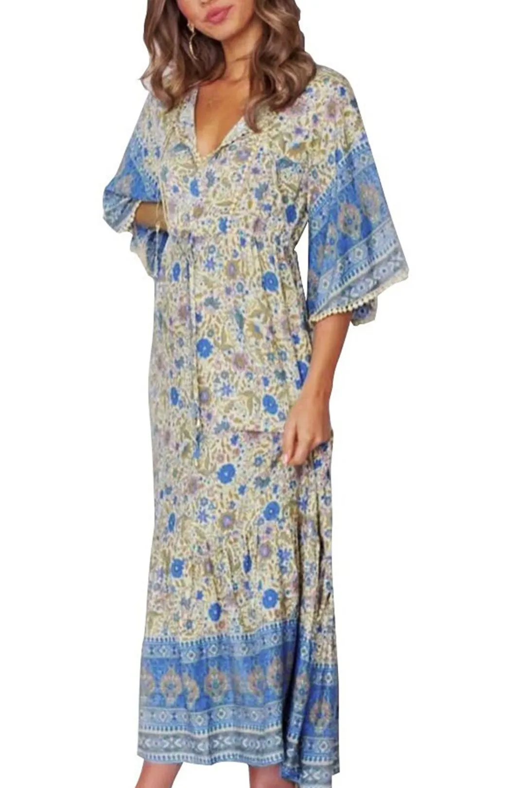 Boho Midi Dress, Sundress, Kaftan Dress, Indian Flower in Blue