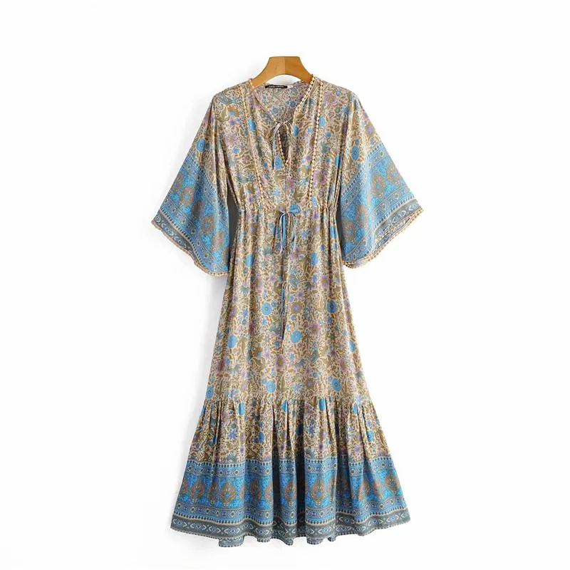 Boho Midi Dress, Sundress, Kaftan Dress, Indian Flower in Blue