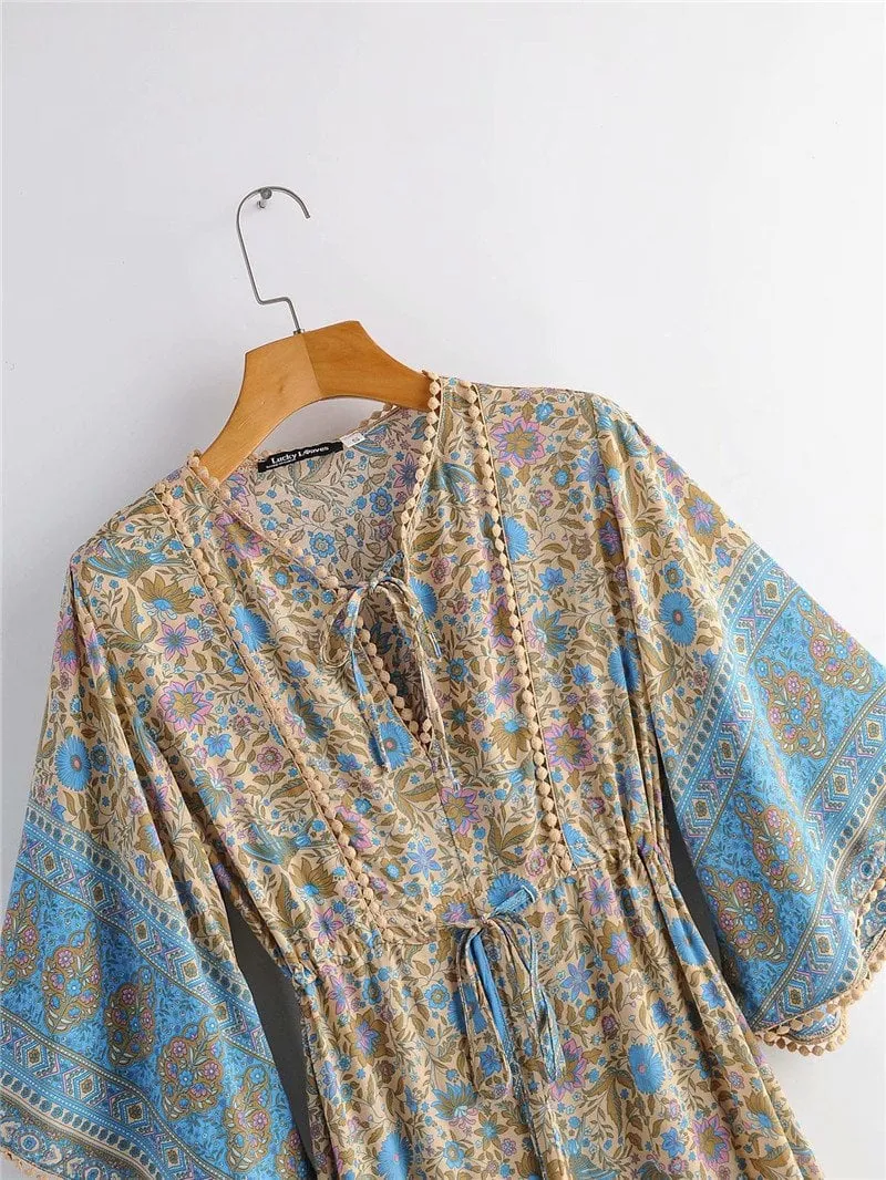 Boho Midi Dress, Sundress, Kaftan Dress, Indian Flower in Blue