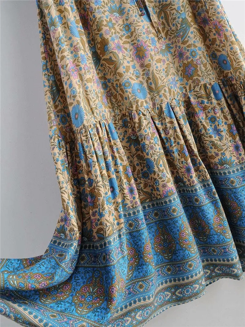 Boho Midi Dress, Sundress, Kaftan Dress, Indian Flower in Blue