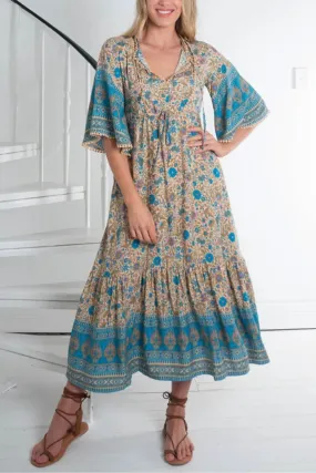 Boho Midi Dress, Sundress, Kaftan Dress, Indian Flower in Blue