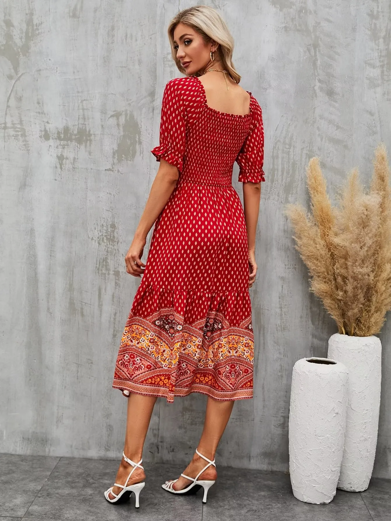 Boho Midi Dress, Sundress, Marakee in Red and Pink