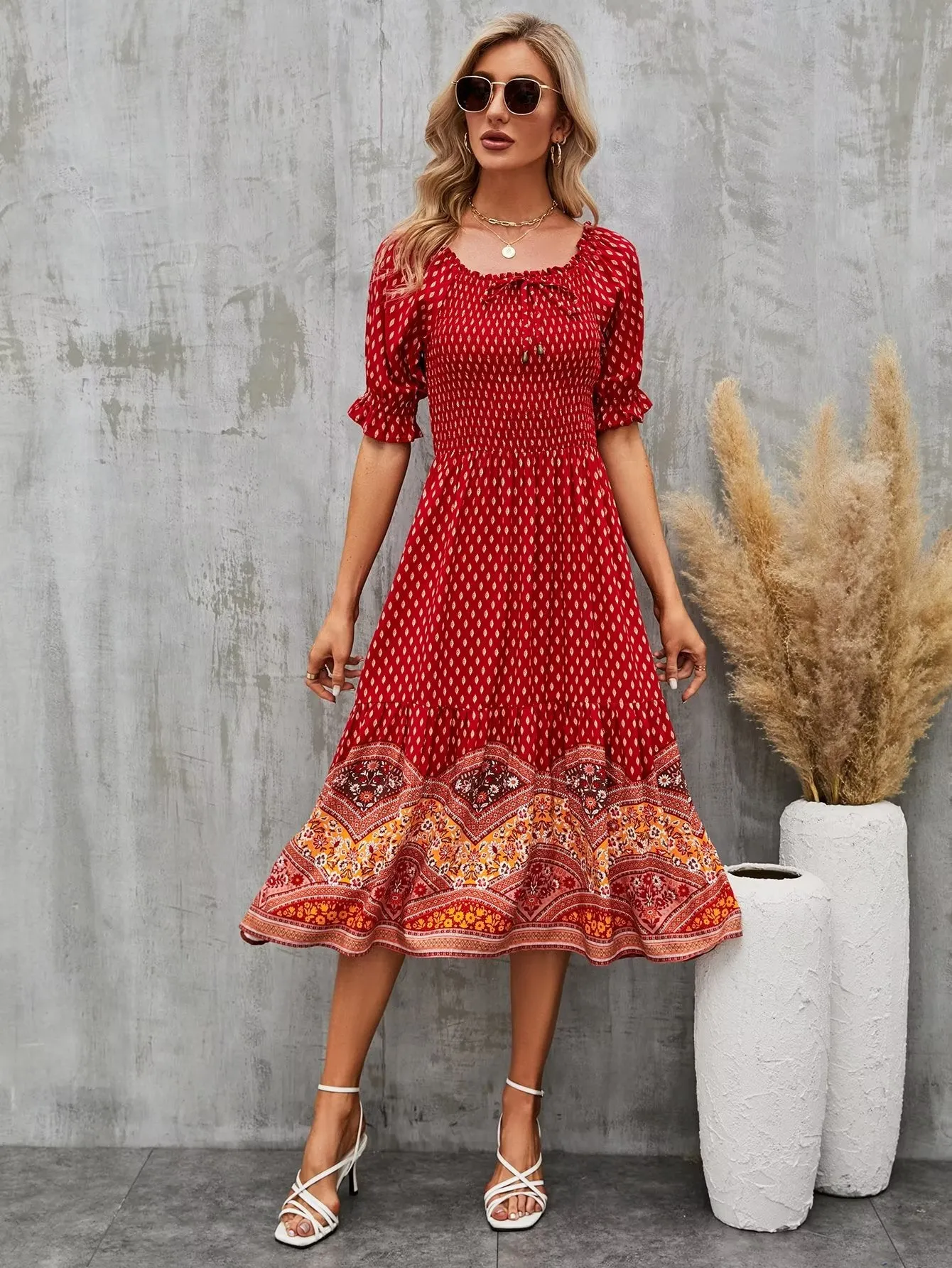 Boho Midi Dress, Sundress, Marakee in Red and Pink