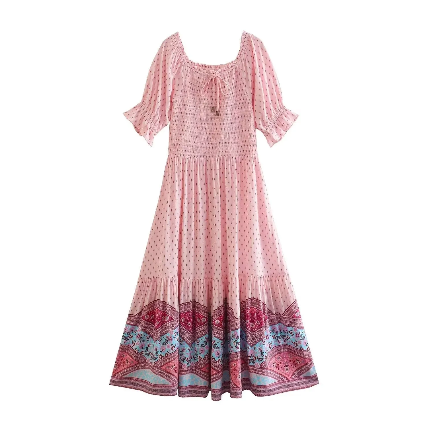 Boho Midi Dress, Sundress, Marakee in Red and Pink
