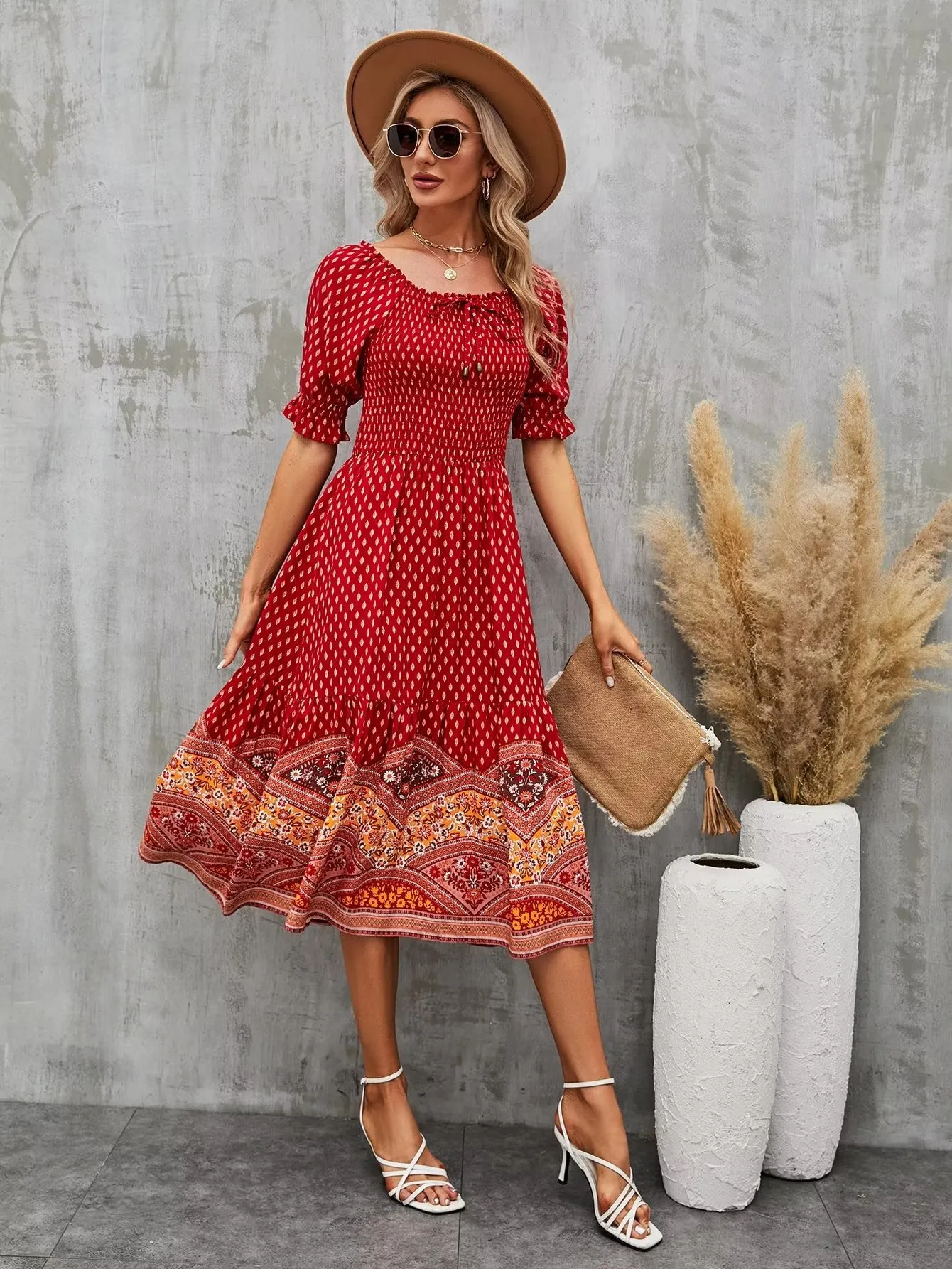 Boho Midi Dress, Sundress, Marakee in Red and Pink