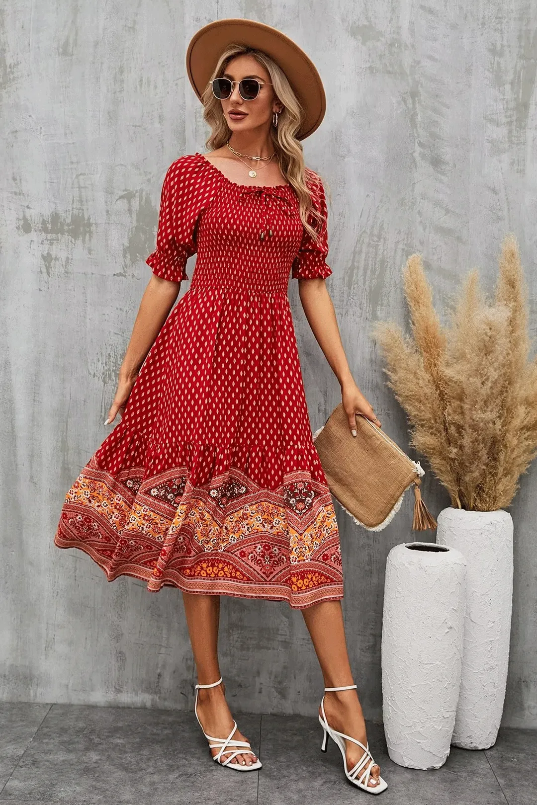 Boho Midi Dress, Sundress, Marakee in Red and Pink