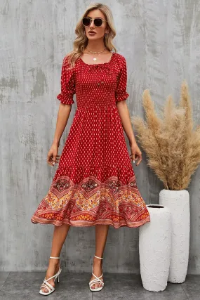 Boho Midi Dress, Sundress, Marakee in Red and Pink
