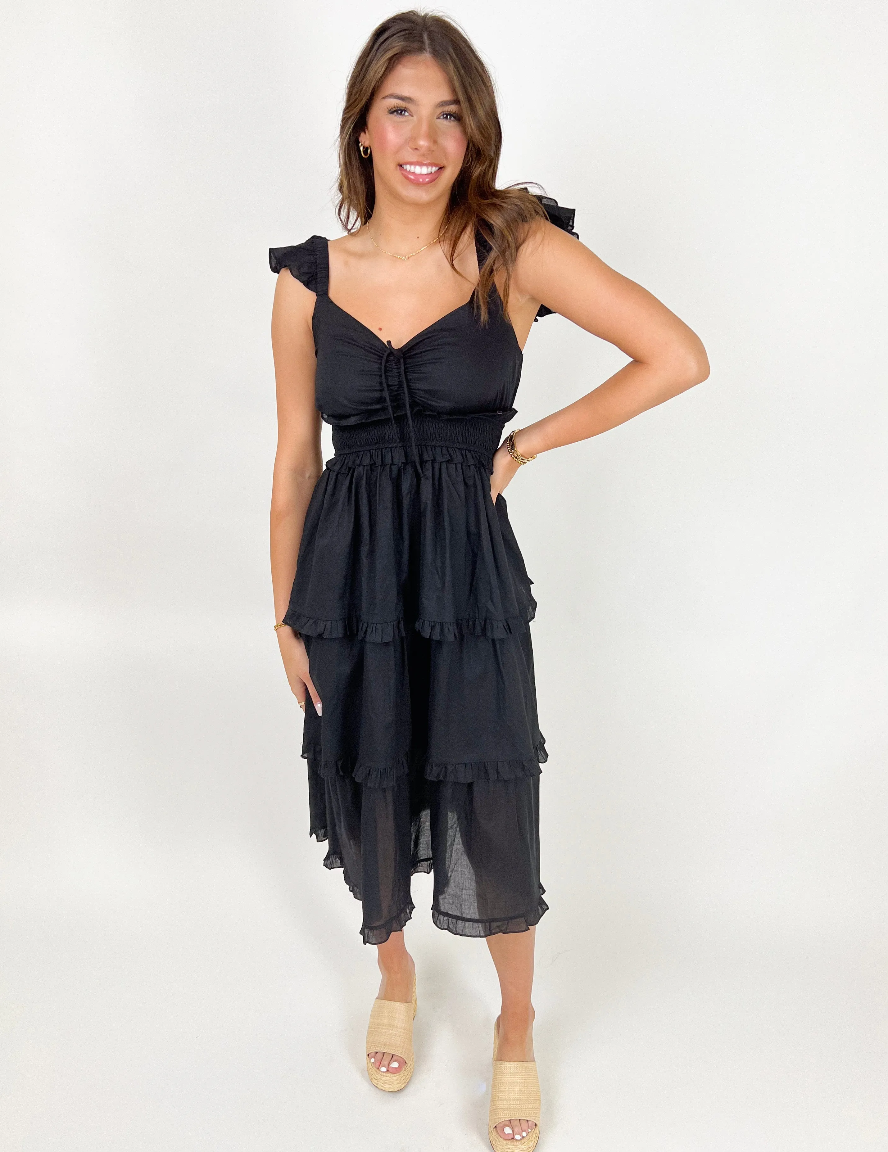 CHERISH THE MOMENT BLACK TIERED MIDI DRESS