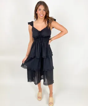 CHERISH THE MOMENT BLACK TIERED MIDI DRESS