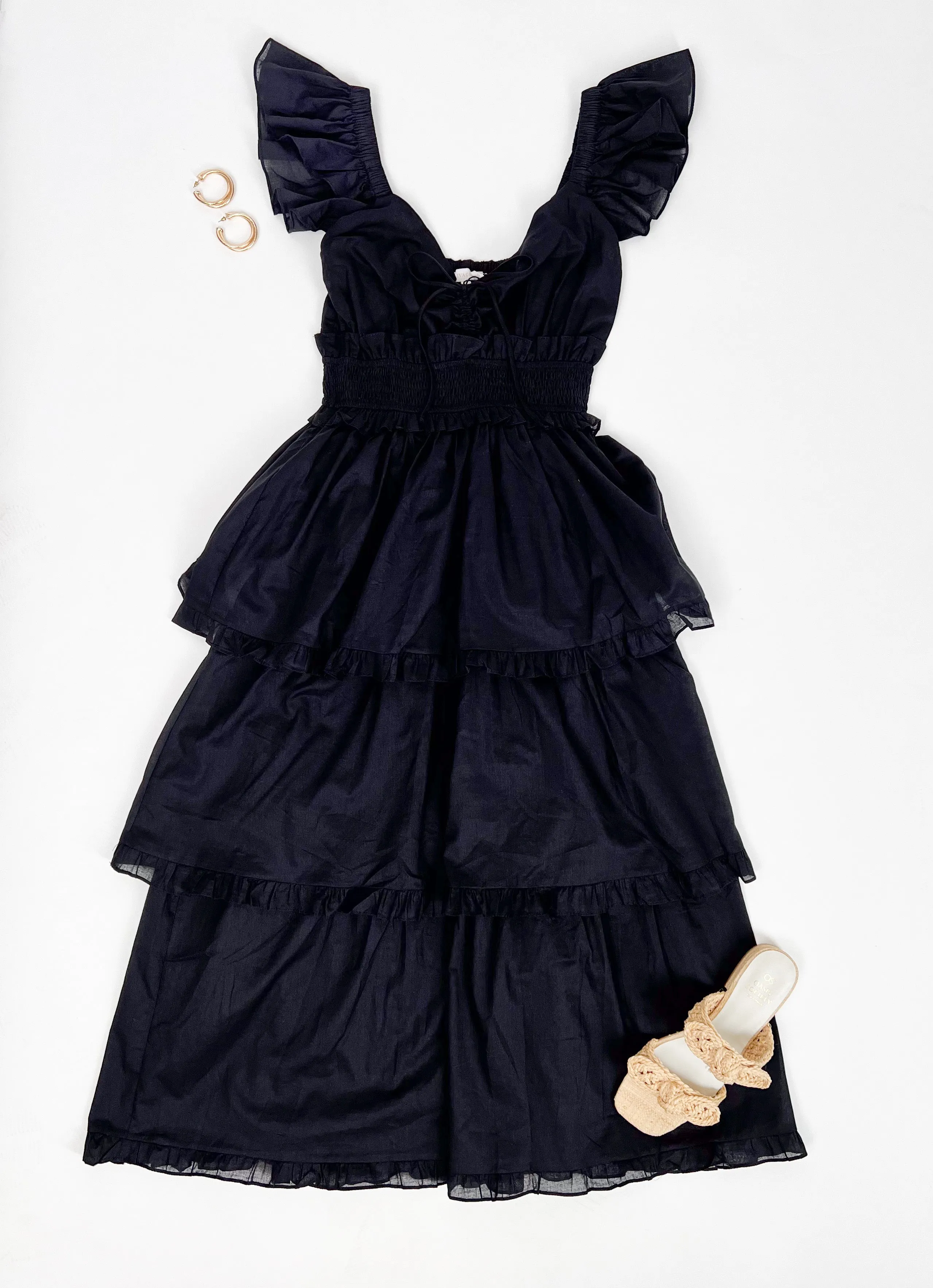 CHERISH THE MOMENT BLACK TIERED MIDI DRESS