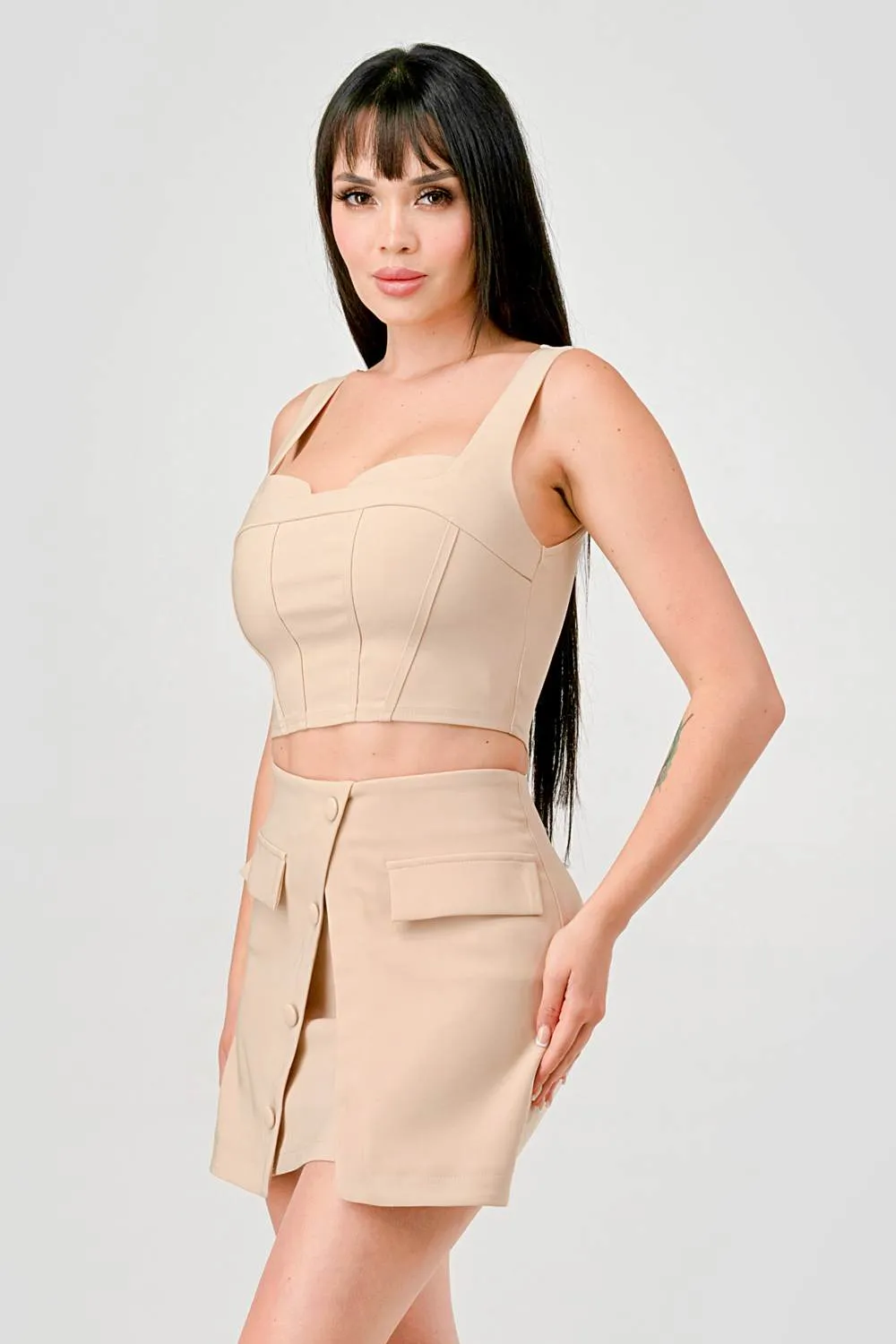 CHIC STRETCH WOVEN BUSTIER TOP & MINI SKIRT SETS