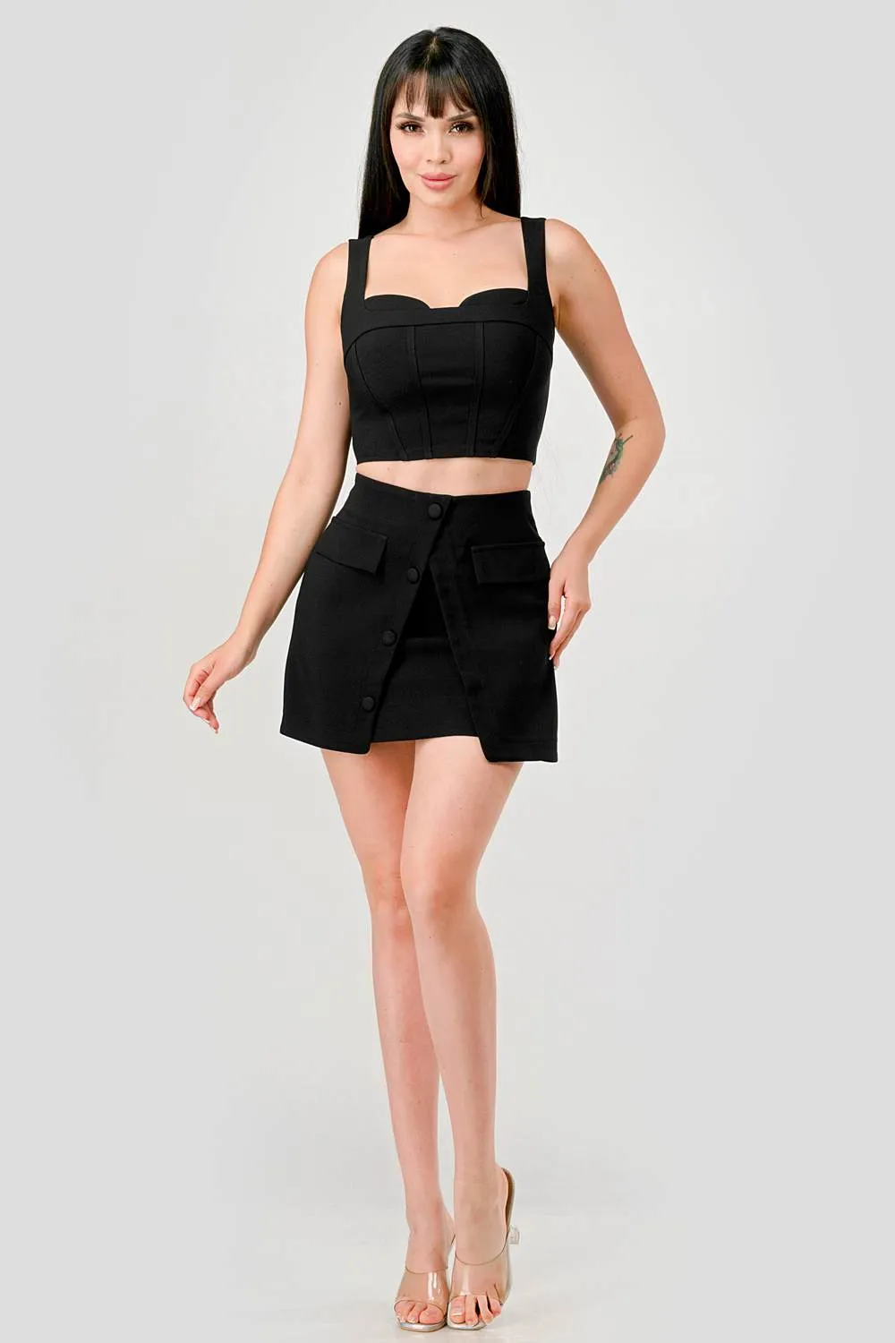 CHIC STRETCH WOVEN BUSTIER TOP & MINI SKIRT SETS
