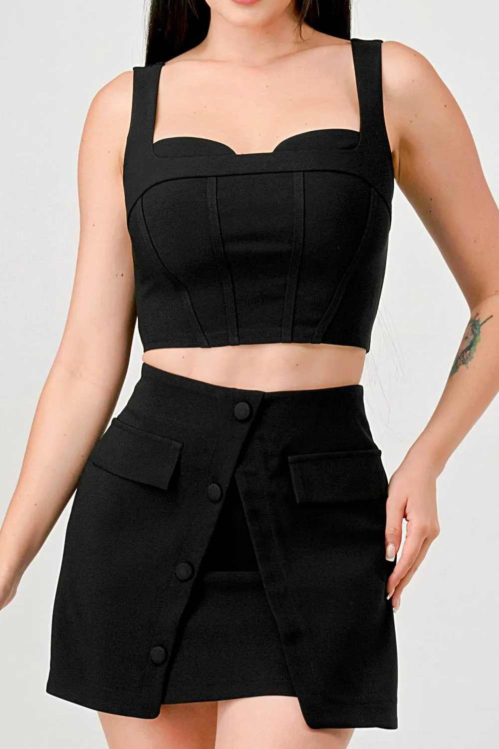 CHIC STRETCH WOVEN BUSTIER TOP & MINI SKIRT SETS