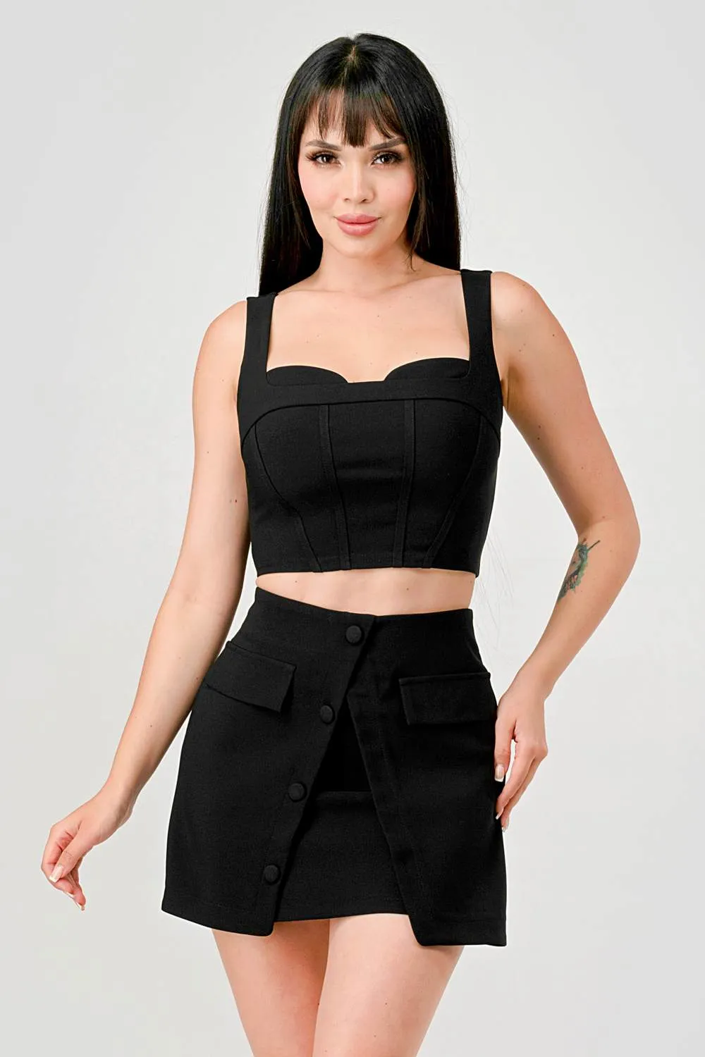CHIC STRETCH WOVEN BUSTIER TOP & MINI SKIRT SETS