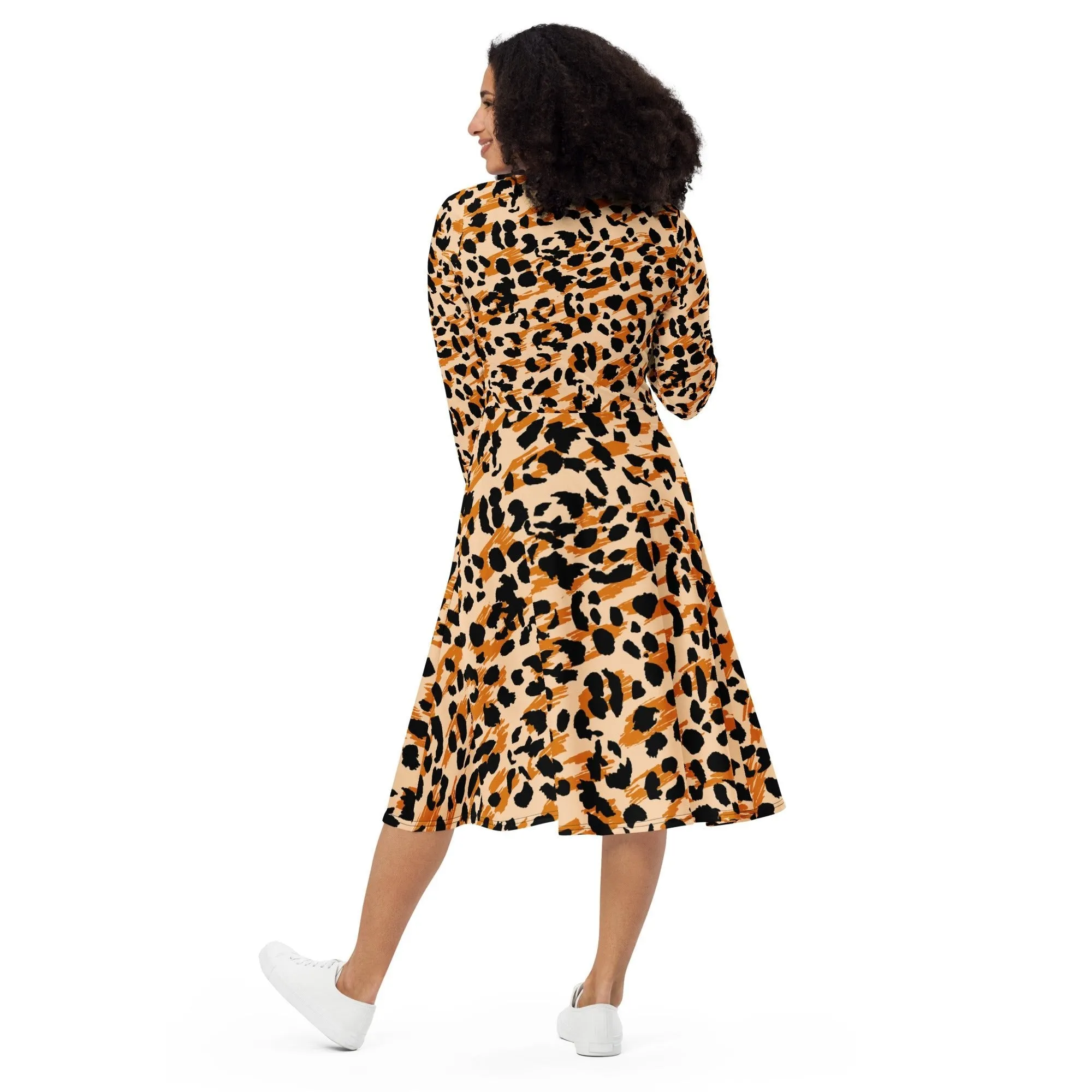 Chic Women's Long Sleeve Midi Dress Animal print & Exquisite Detailing for Elegance