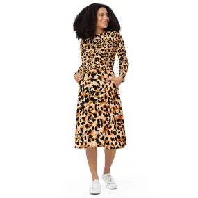 Chic Women's Long Sleeve Midi Dress Animal print & Exquisite Detailing for Elegance