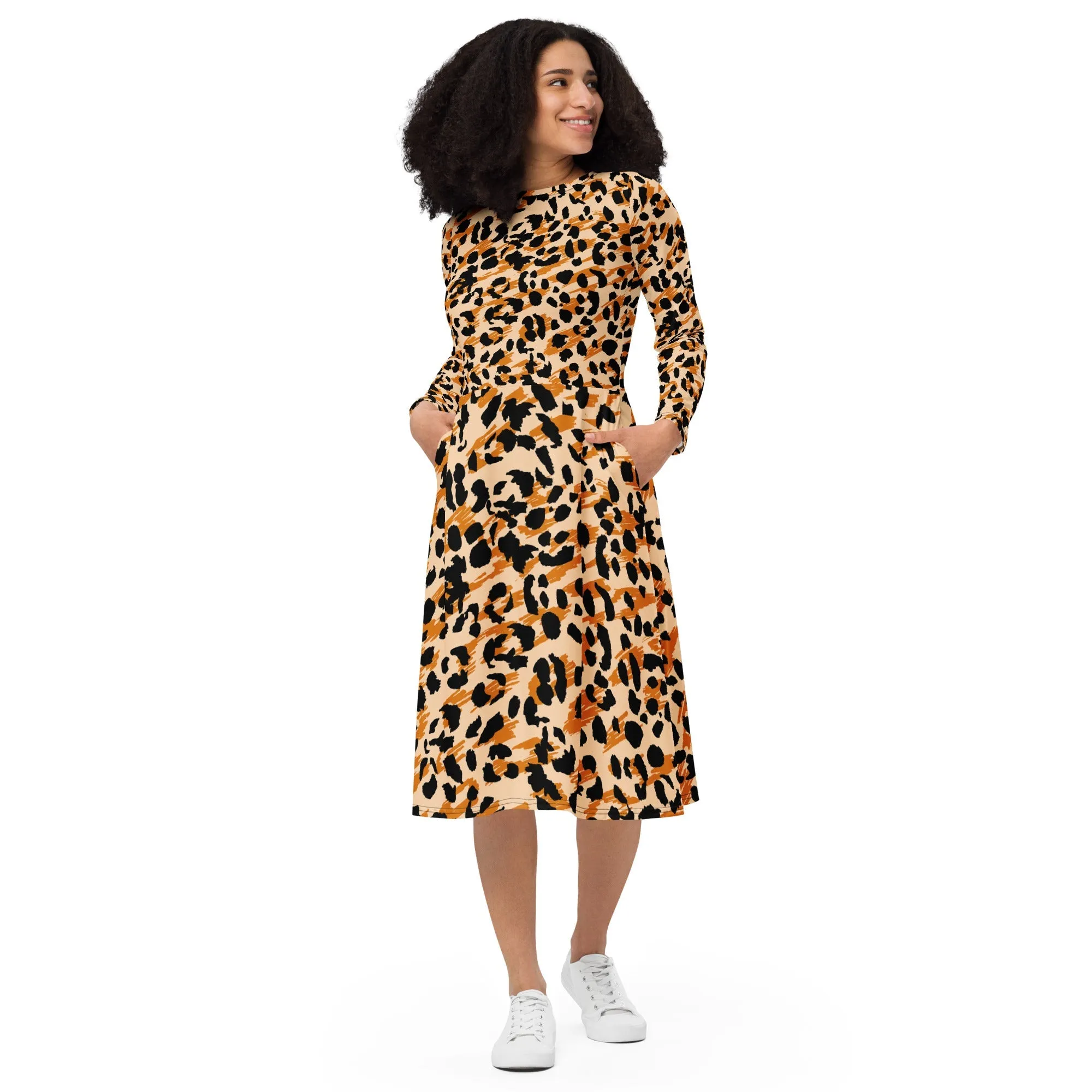 Chic Women's Long Sleeve Midi Dress Animal print & Exquisite Detailing for Elegance