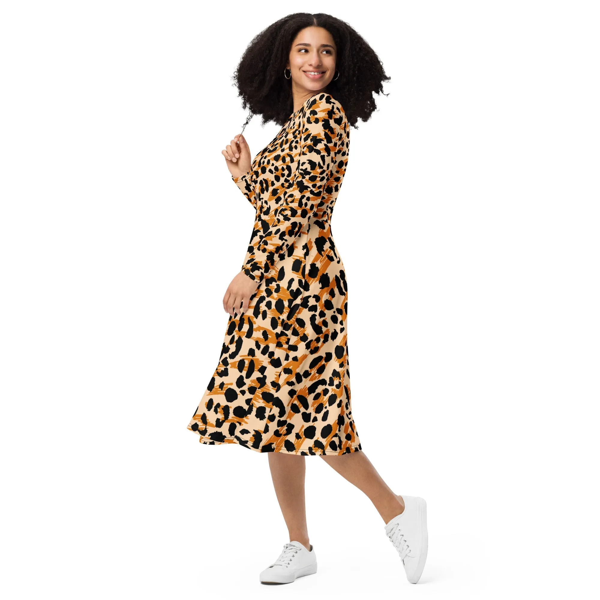 Chic Women's Long Sleeve Midi Dress Animal print & Exquisite Detailing for Elegance