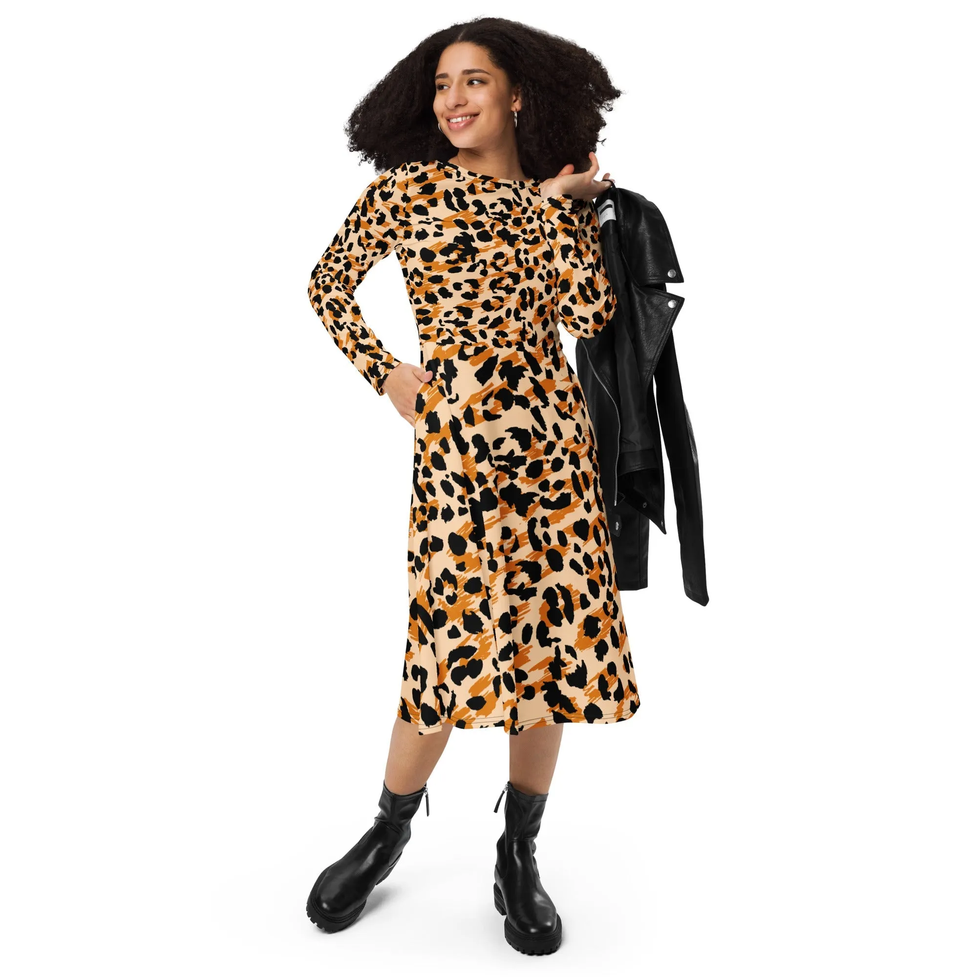 Chic Women's Long Sleeve Midi Dress Animal print & Exquisite Detailing for Elegance