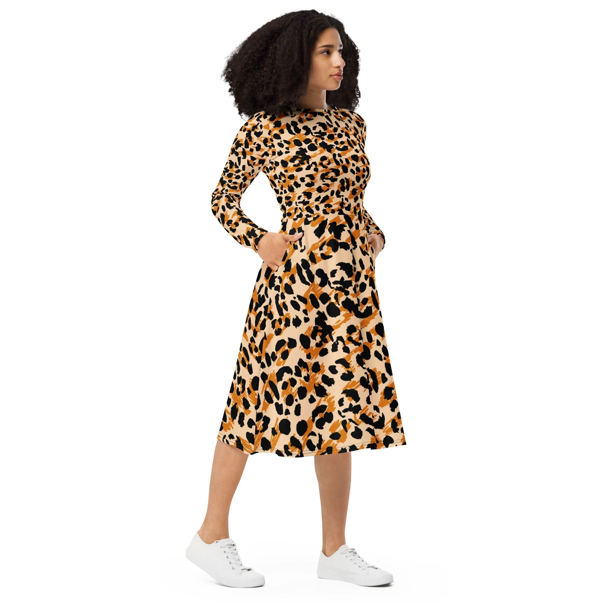 Chic Women's Long Sleeve Midi Dress Animal print & Exquisite Detailing for Elegance